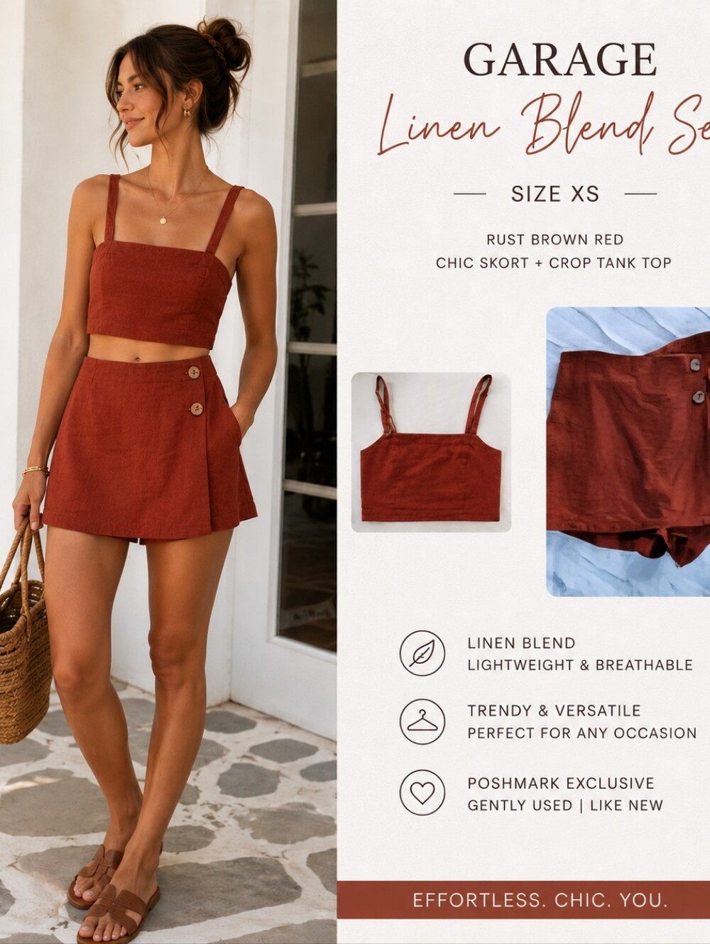 Linen Blend Garage Rust Red Cropped Tank Top And Skort Set